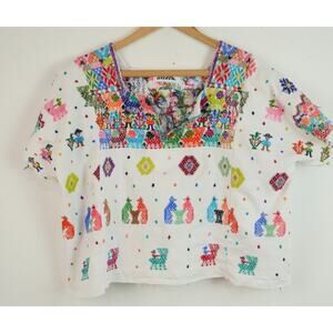 Arloom Huipil Top L ? Multicolor Embroidered Hand Woven Peasant Blouse Boho Crop